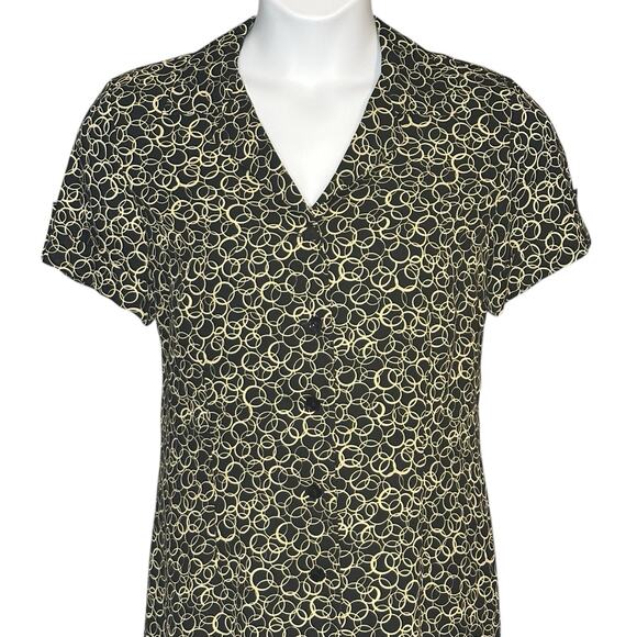 Vintage David Warren Midi Dress Button Up Short Sleeve Black Gold Career Sz 14P - Picture 6 of 12